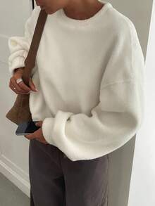 Livesso 女士宽松商务休闲简约保暖内衬厚款运动衫，秋冬 - 米色 - 查看 9