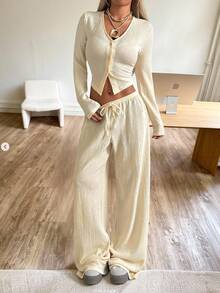 SHEIN EZwear 浅杏色针织休闲女两件套 - 杏色 - 查看 5