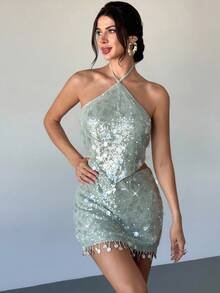 Firerie Women's Elegant Sexy Backless Sequin Halter Crop Top And Low Waist Fringed Mini Skirt Two Pieces Set, Suitable For Summer Vacation, Party, Music Festival, Date - White - View 6