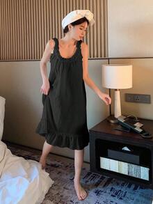 DAZY Minimalist Mushroom Hem Camisole Dress Loungewear Pajama - Black - View 5