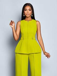 SOLERSUN 2pcs/Set Minimalist Solid Color Sleeveless Top And Wide Leg Pants Suit, Commuting - Green - View 5