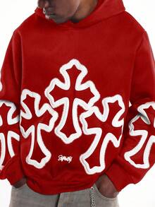 SUMWON 时尚白色十字图案套头连帽衫，带有超大涂鸦设计，非常适合休闲街头时尚秋冬万圣节穿着 - 紅色 - 查看 3