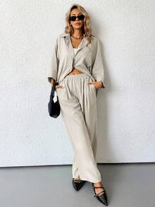 Aveloria Modichic 2 件套女士混纺侧开衩宽松衬衫和高腰阔腿裤优雅商务休闲女装 - 白色 - 查看 6