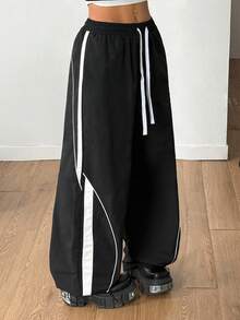 Coolane Quần ống rộng màu đen phối màu đơn giản, phong cách đường phố thu/đông dành cho nữ, lễ hội Y2K cổ điển, trang phục cơ bản hàng ngày - màu đen - Xem 2
