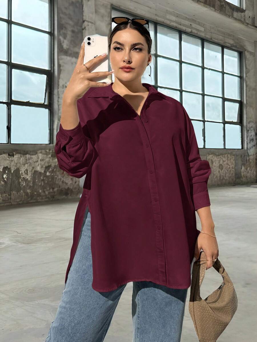 SHEIN Essnce Plus Size Women's Burgundy Autumn Casual Long-Sleeved Button-Down Shirt,Everyday Loose Oversize Tops,Old Money Style Work Fall High Side Slit Shirt - Burgundy - View 1