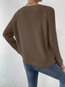 EMERY ROSE Women's Casual Solid Color V-Neck Raglan Sleeve Sweater, Autumn/Winter - Coffee Brown - View 2