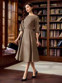 Vintamour Vintage klassisch elegantes Damenkleid, figurbetontes Boot-Ausschnitt 3/4 Arm Kleid mit Taillengürtel und Knöpfen, marineblau Kleid Herbstkleidung formelle Kleider für Frauen braunes Kleid Business Lässig Frau Frauenkleider Herbst Winter Silvester Kleid Silvester Frauenkleidung braunes Kleid - Braun - Übersicht 3