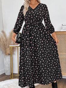 SHEIN LUNE 女款碎花灯笼袖连衣裙 - 黑色 - 查看 7