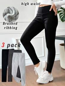 SHEIN 3pcs Tween Girls' Basic Solid Knit High Waist Ribbed Leggings, Black & Grey, Autumn/Winter Fall - Multicolor - View 5