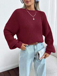 EURMUSE Women Solid Color Round Neck Drop Shoulder Chunky Pullover - Burgundy - View 7