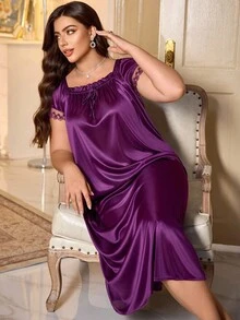 LuxeNights Plus Contrast Lace Tie Front Sleep Nightdress, Long Dress, Moo Moo