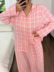 SHEIN Plus Size Plaid Print Ruffle Collar Top & Pants Pajama Set, Fall Winter Clothes, Cozy Outfit - Multicolor - View 7