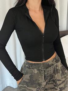 DAZY 女式纯色修身短款休闲夹克秋冬 - 黑色 - 查看 5