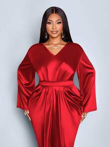 SOLERSUN Christmas Plus Size Spring And Autumn New Style Bright Surface Fabric V-Neck Pleated Waist Long Sleeve Slit Tie Bow Long Dress Elegant Office Birthday Party Ball Sexy Playful Cocktail Wedding Season Concert Dress Fashion Women's Clothing