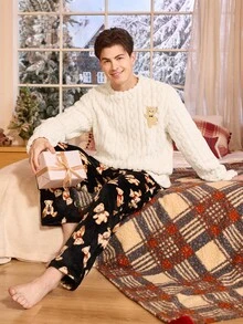 CoupledUp 熊图案趣味法兰绒男士情侣睡衣套装，秋冬装，蓬松舒适 - 彩色 - 查看 4