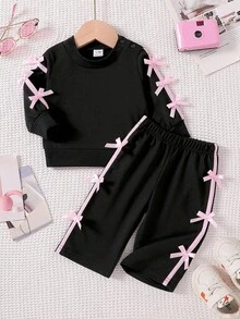 SHEIN Newborn Casual Ribbon Bow Top And Straight Leg Bow Pants Set Fall Winter - Black - View 1