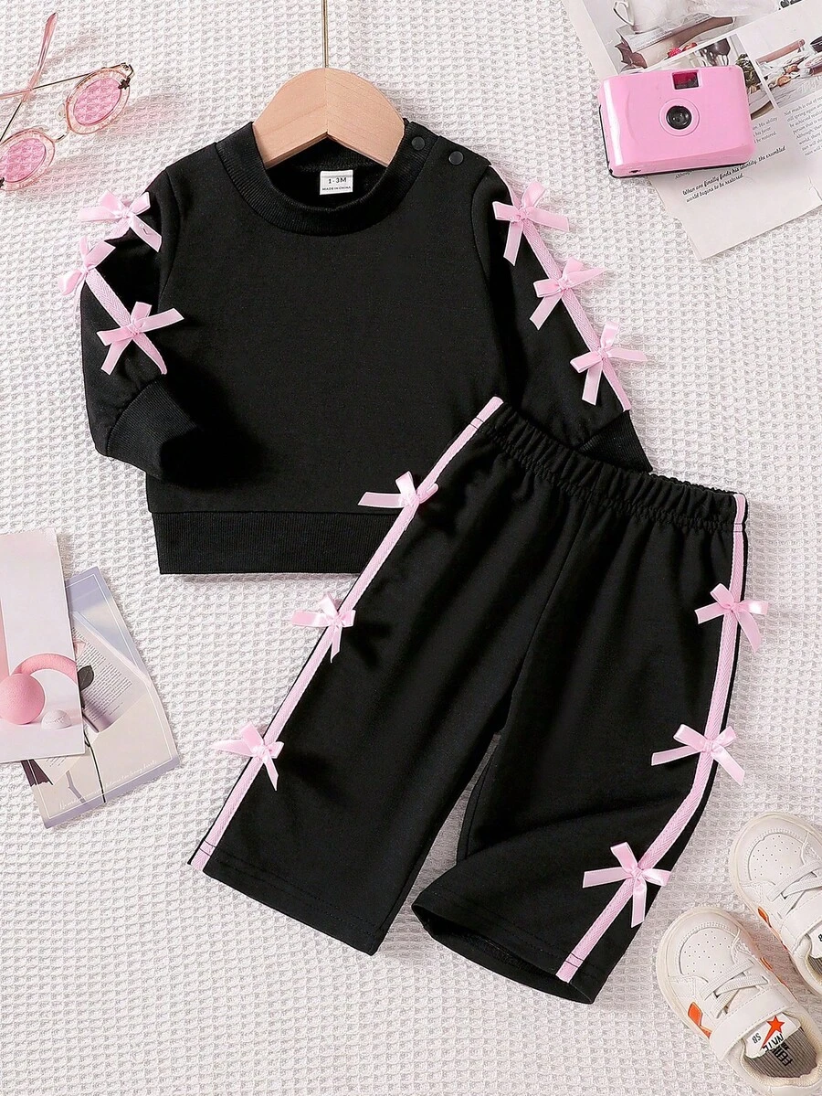 SHEIN Newborn Casual Ribbon Bow Top And Straight Leg Bow Pants Set Fall Winter - Black - View 1