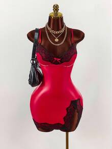 Amplova 女式蕾丝拼布紧身开衩性感细肩带迷你连衣裙 - 彩色 - 查看 1