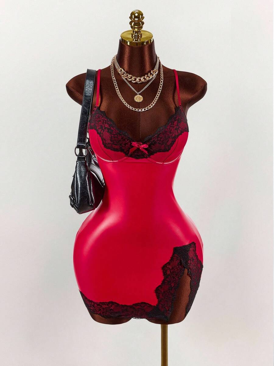 Amplova 女式蕾丝拼布紧身开衩性感细肩带迷你连衣裙 - 彩色 - 查看 1