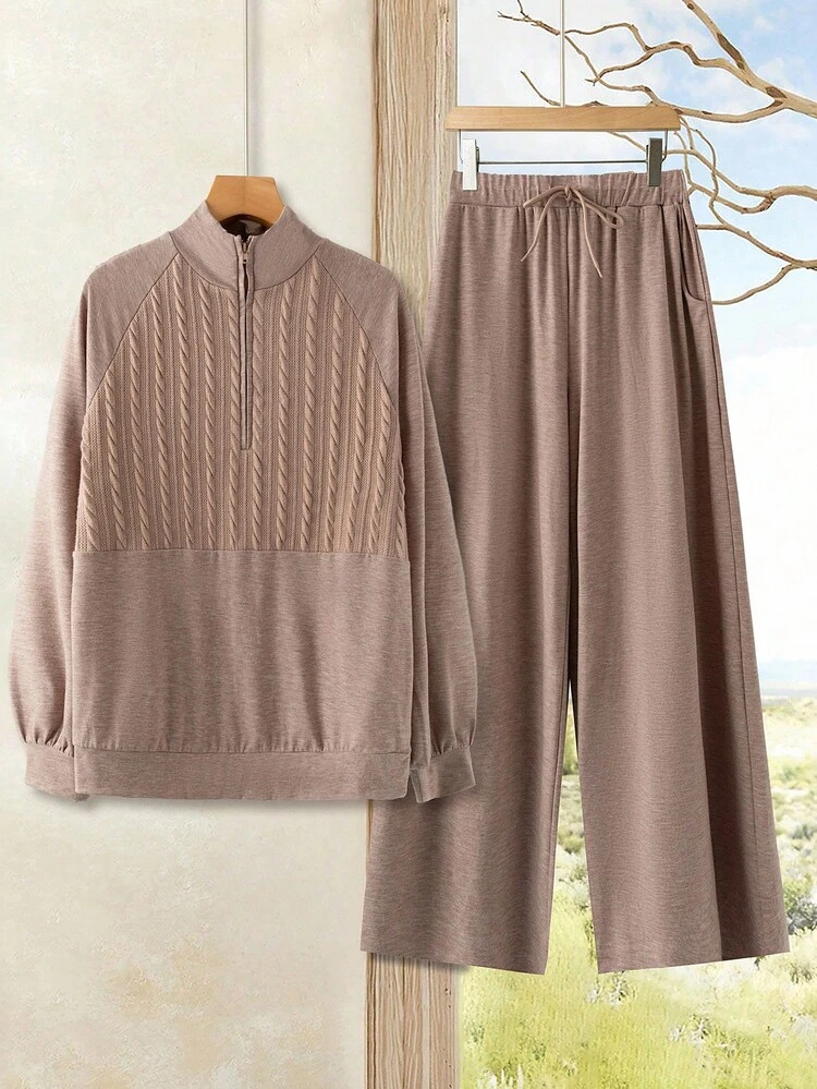 女性用 ニット テクスチャード ラグラン袖 ジップアップパーカー と ドローストリング ウエスト リラックスパンツ 2点セット