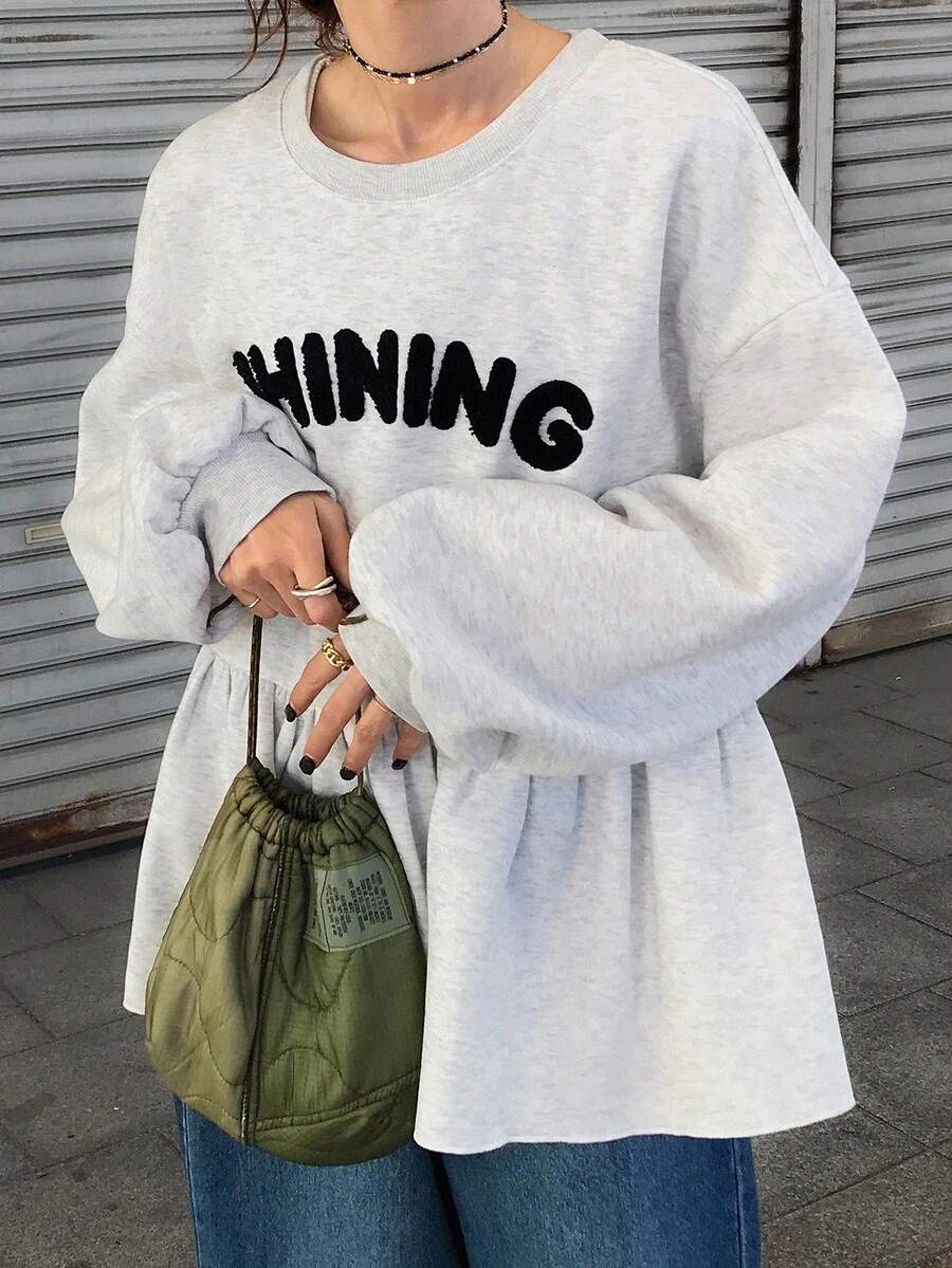 FRIFUL Women's Contrast Color Letter Print Crew Neck Long Sleeve Sweatshirt Autumn/ Back-To-School School White Casual Graphic - Grey - View 1