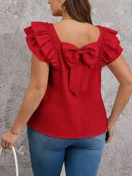 SHEIN Clasi Camisa informal de manga corta de doble capa para talla grande con decoración de lazo en la espalda para el verano