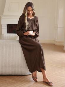 Louniche فستان أنيق وبسيط للمرأة للمكتب/الكاجوال/العطلات، طوق واقف، أكمام راجلان، متجعد، نصف سوستة، خصر بسحاب، جيوب، قصة مريحة، طول متوسط، لون بني قهوي - بني داكن - مشاهدة 1