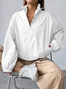 SHEIN EZwear Áo khoác nữ tay dài dệt cổ đứng màu trơn có khóa kéo Áo khoác nhẹ có khóa kéo Áo khoác Y2K cho mùa thu/đông - trắng - Xem 7