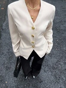 Siren Gaze Áo sơ mi thắt nút kim loại mới mùa thu dành cho nữ, Áo khoác đi làm thời trang dành cho nữ, Trang phục công sở thường ngày, Áo sơ mi dài tay, Áo sơ mi vải lanh, Phong cách quý tộc, Áo thu, Áo cánh thanh lịch dành cho nữ - Màu be - Xem 6