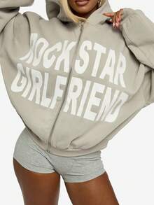 SUMWON WOMEN Rockstar Girlfriend 超大拉链短款连帽衫卫衣街头时尚潮流秋冬休闲抽绳套头衫 - 淺灰色 - 查看 5