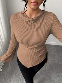 Elenzga Plus Size Women's Soft Brushed Apricot Long Sleeve T-Shirt, Asymmetrical Hem, Suitable For Commuting And Dating, Autumn/Winter - Khaki - View 3