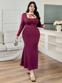 Modelyn Women's Fashionable Casual Elegant Solid Color Knit Plus Size Dress - Purple - View 4