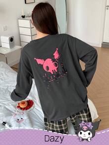 DAZY HELLO KITTY AND FRIENDS | SHEIN 卡通印花T恤上衣和格子宽松长裤女士两件套睡衣套装，秋冬服装 - 深灰色 - 查看 2