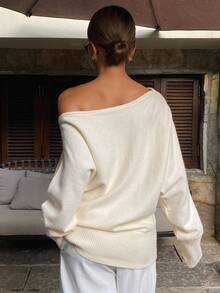 Livesso 女士宽松商务休闲斜领套头针织毛衣，简约时尚办公室穿着，秋冬 - 米色 - 查看 5