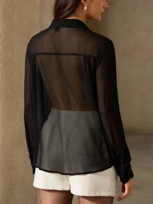 Revavyn Women's Vintage French Style Ruched Patchwork Blouse, Unique Design, Lightweight Sheer Protection Collared Button-Up Long Sleeve Shirt, Spring/Summer - Black - View 6