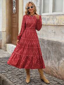 Brillora 女式波西米亚风格印花圆领收腰喇叭形 A 字连衣裙，适合秋冬季外出度假 - 紅色 - 查看 3