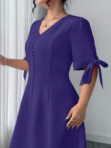 Elenzga Women's Solid Color V-Neck Bow Elegant Dress - Purple - View 1