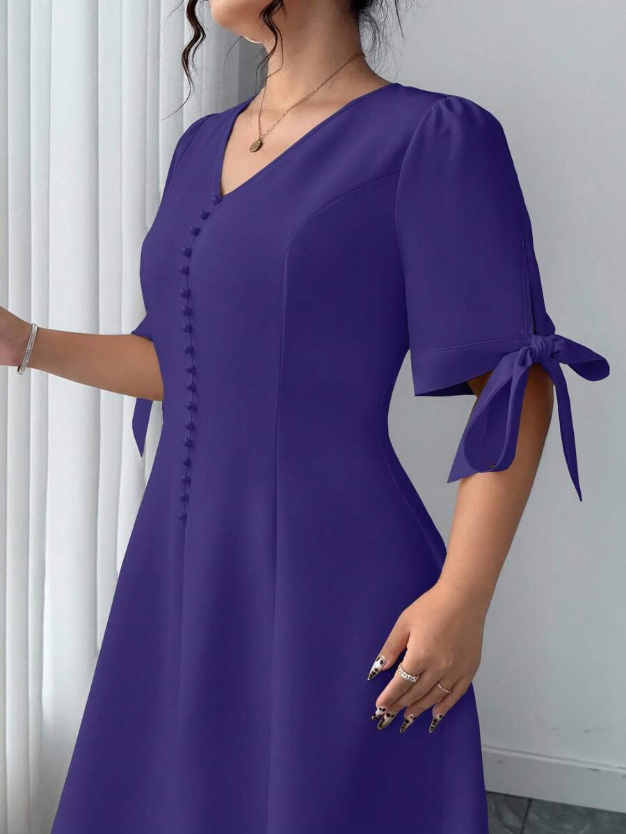 Elenzga Women's Solid Color V-Neck Bow Elegant Dress - Purple - View 1