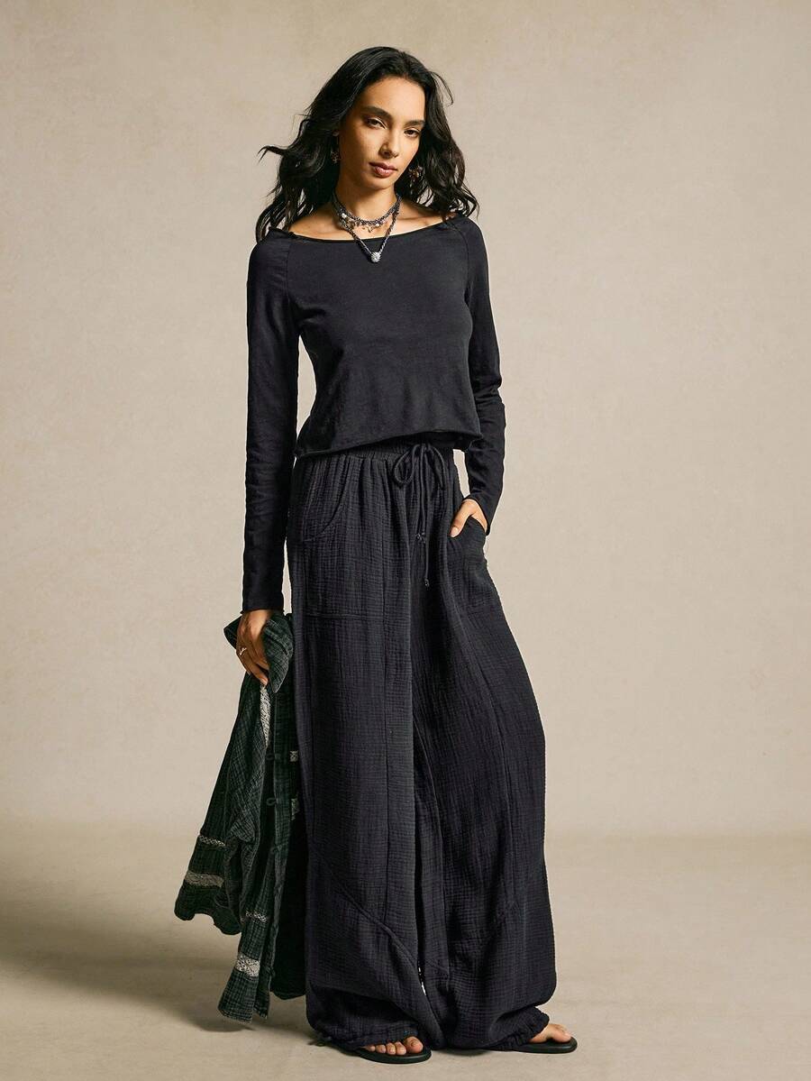 SoleilVie Women's Halloween Christmas Retro Casual Washed Distressed Cotton Comfort Slightly Dropped Shoulders Bloomers Casual Long Sleeve Top And Pants Two-Piece Set Perfect For Fall Travel, Commuter Back To School, Holiday Outings Going Out Outfits Going Out Tops For Women Halloween New Year Outfit New Year Look New Year Women's Outfit Clothes For Women Autumn Outfits For Women Halloween Casual Sets For Women - Black - View 1