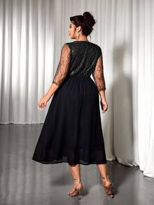 Cravure Plus Size Shallow Gold Lace Collar Floral Chiffon Patchwork Dress