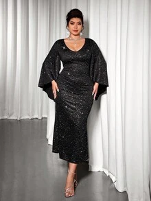 Cravure Váy midi đuôi cá cỡ lớn cho nữ, cổ chữ V, tay dài, màu trơn, đính sequin, phù hợp với phụ nữ - Đen và trắng - Xem 6