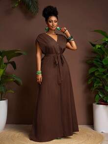 Veslaya Plus Size Solid Color Front Button Belted Short Sleeve Dress - Brown - View 7