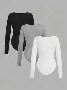 SHEIN EZwear 3 件套女士方领长袖紧身连衣裙，适合秋冬季 - 彩色 - 查看 2