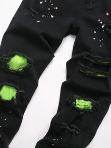 Manfinity Roughcore 男士休闲时尚街头霓虹绿拼布破洞牛仔裤 - 黑色 - 查看 3