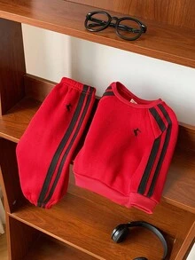 2 Stück/Set Baby Jungen Süß Lässig Sport Schleife Strick Weihnachtsrot Sweatshirt und Jogginghose Trainingsanzug, Unisex Baby Kleidung, Baby Winter Kleidung - Verschiedenfarbig - Übersicht 6