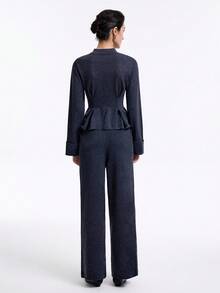 SHEIN LUNE 2 件套女士优雅羊毛通勤设计灰色立领长袖荷叶边下摆直筒针织上衣和裤子套装，秋冬 - 深灰色 - 查看 2