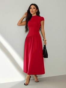 SHEIN PETITE 女士优雅简约纯色短袖修身连衣裙，夏季 - 酒紅色 - 查看 4