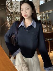 DAZY Women Polo Long Sleeve T-Shirt In Solid Color,Fall Clothes