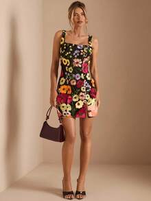 SHEIN BAE Winter Women's Cocktail Party Nightclub Event Outing: Solid Black Mini Dress With Exquisite 3D Floral Square Neck, Elegant Cocktail Party Dress, Suitable For Nightclub, Party, Formal Occasions, Holiday Events, Christmas,Floral Dress - Black - View 3