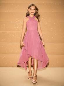 Girls' Round Neck Sleeveless Dress, Elegant Ruffle Hem Party Dress For Halloween, Christmas - Pink - View 5